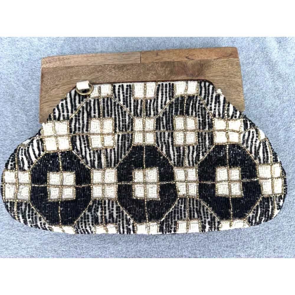 Vintage Beaded Evening Clutch Black White Gold Wooden Handle Purse